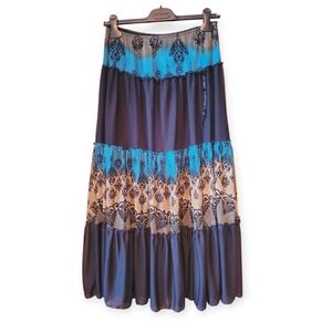 Vintage Boho Tiered Maxi Skirt Multicolor With Indian Print Large